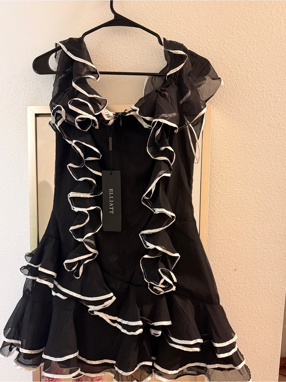 Elliatt Black Mini Dress with White-Trim Ruffles